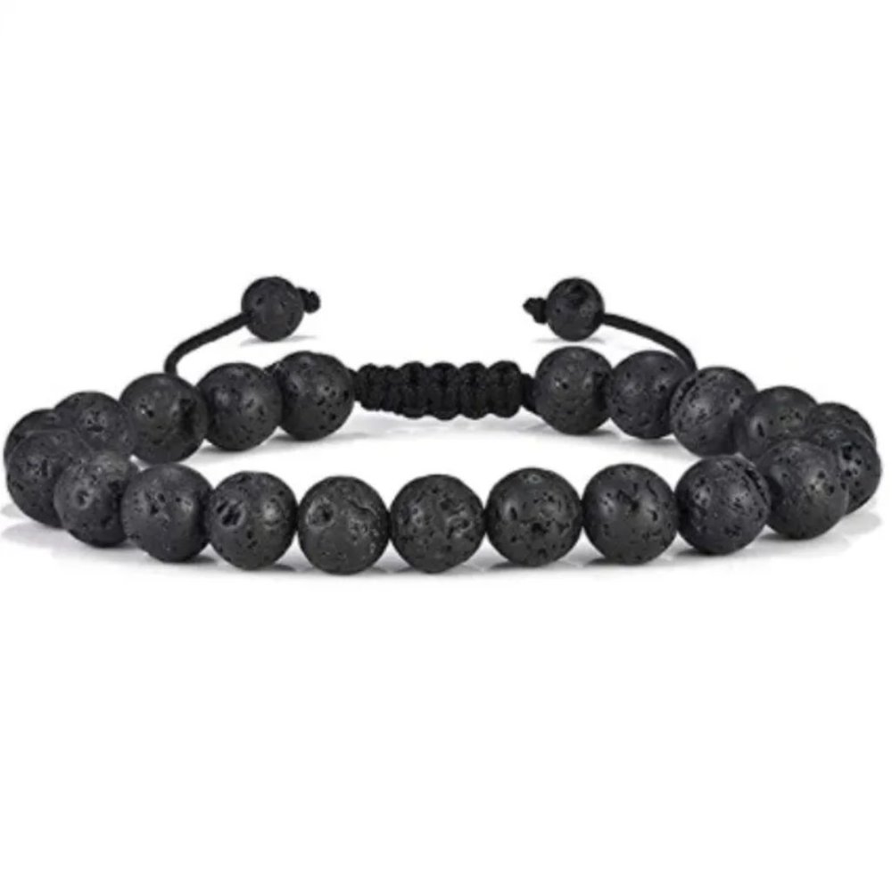 Unisex 8mm Black Volcanic Lava Rock Beaded Adjustable Rope Bracelet NEW